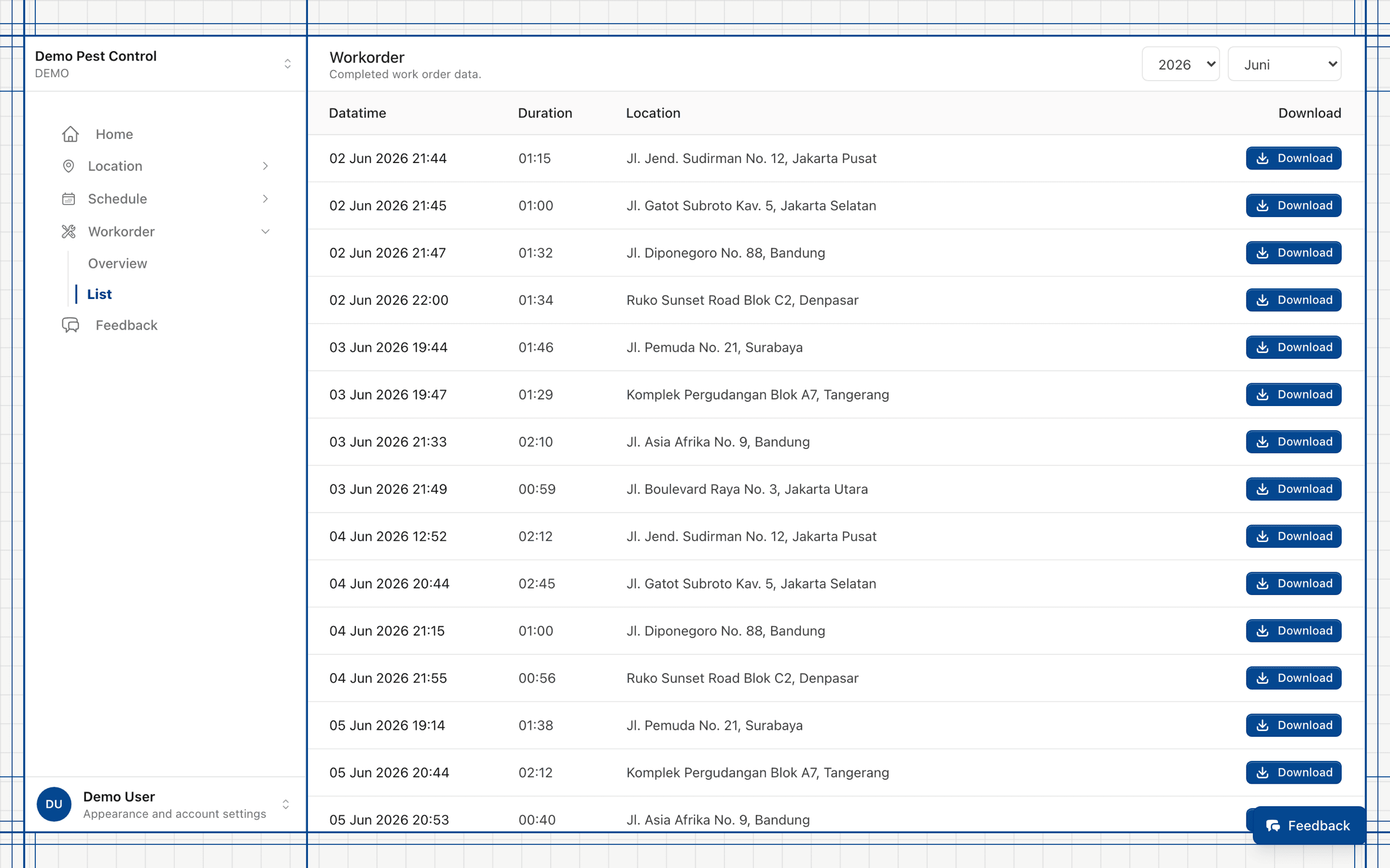 Tabel workorder dengan tombol unduh